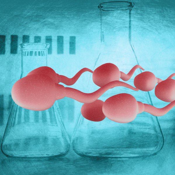 Desenho com tubos de laboratório e espermatozoides representando a fertilização in vitro -FIV